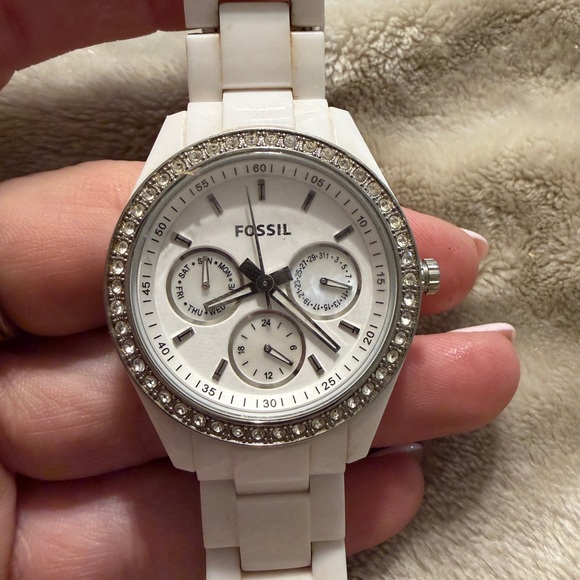 Fossil Accessories - Fossil White Multi-Dial Watch with Crystal Bezel